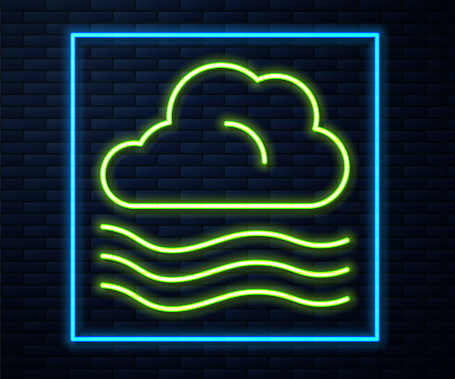 Glowing neon line Windy weather icon isolated on brick wall background. Cloud and wind. Vector