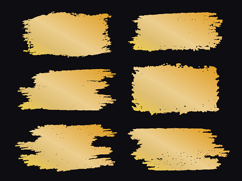 Big set of golden vector textured brush splashes. Detailed rough luxury blots, ink smears, paint smudges, pencil stains as text boxes. Template of freehand paintbrush strokes, artistic design elements