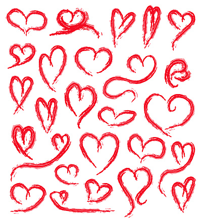 Set of hand drawn red sketch grungy hearts on white background for Saint Valentine's Day. Collection of vector doodle painted brush cute hearts various shapes for greeting card