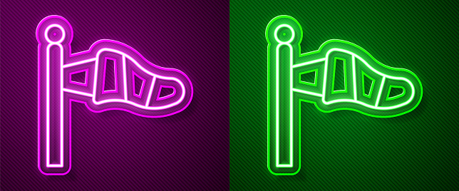 Glowing neon line Cone meteorology windsock wind vane icon isolated on purple and green background. Windsock indicate the direction and strength of the wind. Vector