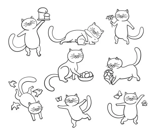 Vector illustration of Easter Cats in Different Poses, Doodle Set