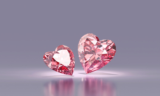 Abstract pink heart shape diamond gem placed on glossy background 3d rendering