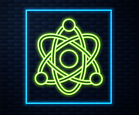 Glowing neon line Atom icon isolated on brick wall background. Symbol of science, education, nuclear physics, scientific research. Vector