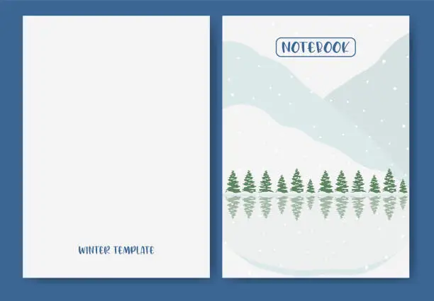 Vector illustration of School notebook cover template winter forest design. Personal organizer.