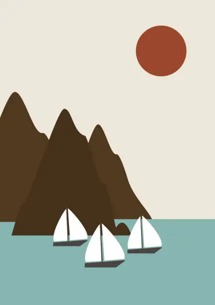 Vector illustration of Minimalist sea landscape and ships nursery illustration poster. Norwegian fjord at sunset