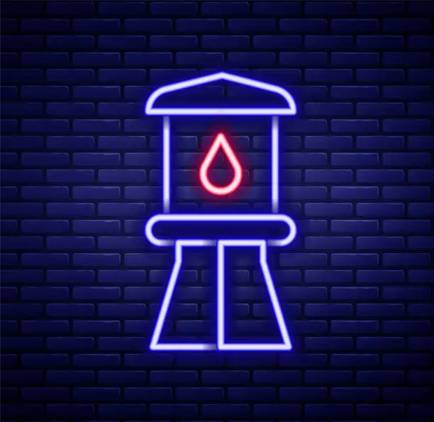 Vector illustration of Glowing neon line Water tower icon isolated on brick wall background. Colorful outline concept. Vector