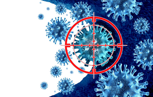 Virus Threat Targeting Virus Threat Targeting aiming at pathogenic infectious strain as a medical defense for strategic eradication of viruses and countering viral intruders with antiviral tactics to control Pathogens. antiviral drug stock pictures, royalty-free photos & images