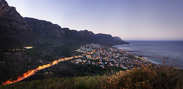 High angle view of Camps Bay during the dusk twilight