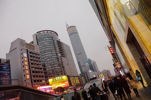 Shenzhen, China - 02 25 2017: China Shenzhen Futian downtown Huaqiangbei neighborhood.