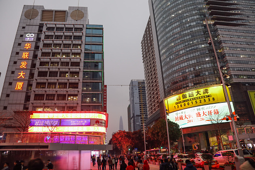 Shenzhen, China - 02 25 2017: China Shenzhen Futian downtown Huaqiangbei neighborhood.