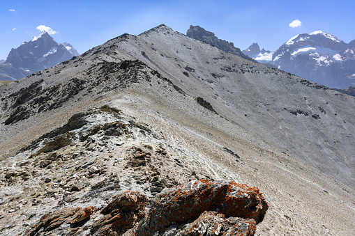 Massive rocks on the mountain slopes at Warila pass in between peaks of the greater Himalayas, en route Leh, Ladakh