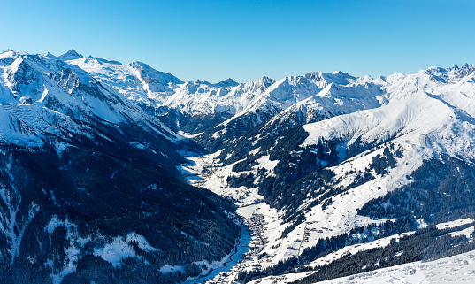 Panorama view from the Penken Mountain, Mayrhofen ski resort , into the Tuxer Valley and to the Hintertuxer Glacier ski resort