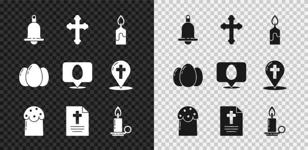 Vector illustration of Set Ringing bell, Christian cross, Burning candle, Easter cake, Greeting card with Happy, candlestick, eggs and Speech bubble easter icon. Vector