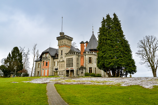 Lucerne, Switzerland - January 1, 2021: Mansion in Dreilinden park close to Luzern in Switzerland during winter time in January 2021