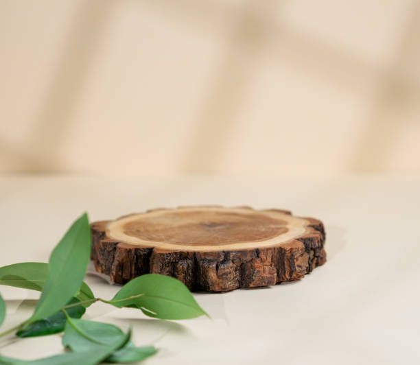 istock Abstract empty wooden cutting board with shadows and green leaves on a beige background. Layout concept for promotional product presentation, sale or cosmetics display. 1798983190