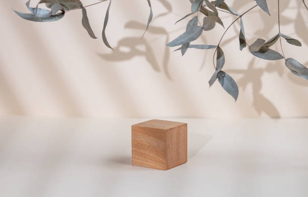 istock Abstract empty wooden cube with shadows and leaves on a beige background. Layout concept for promotional product presentation, sale or cosmetics display. 1798984258