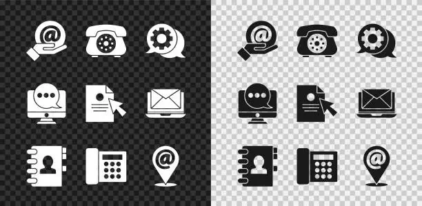 Vector illustration of Set Mail and e-mail in hand, Telephone, Speech bubble chat, Address book, Location, Chat messages notification monitor and Document cursor icon. Vector