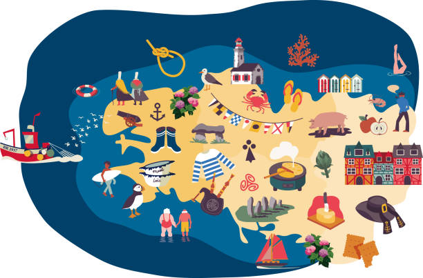 음식, 풍경 및 문화의 아이콘이 있는 영국, 프랑스의지도 - pollock trawler stock illustrations