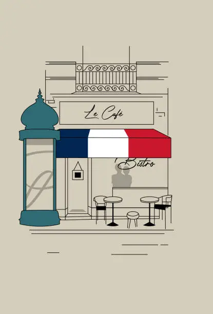 Vector illustration of Le Café, Bistro, Paris, France, Building, Architecture With Morris Column Scene