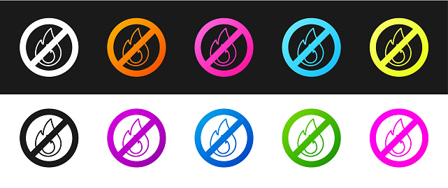 Set No fire icon isolated on black and white background. Fire prohibition and forbidden. Vector
