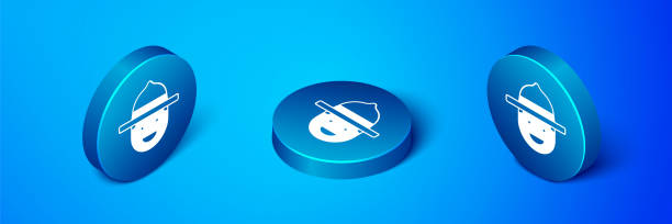 Isometric Canadian ranger hat uniform icon isolated on blue background. Blue circle button. Vector Isometric Canadian ranger hat uniform icon isolated on blue background. Blue circle button. Vector rcmp stock illustrations