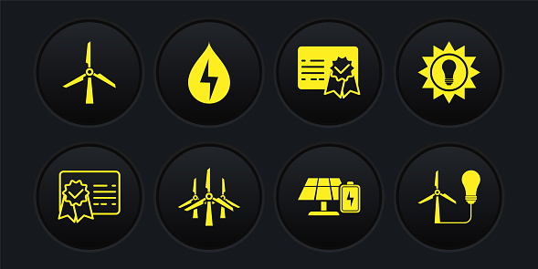 Set Certificate template, Solar energy panel, Wind turbines, and battery, Water, Light bulb with wind and icon. Vector
