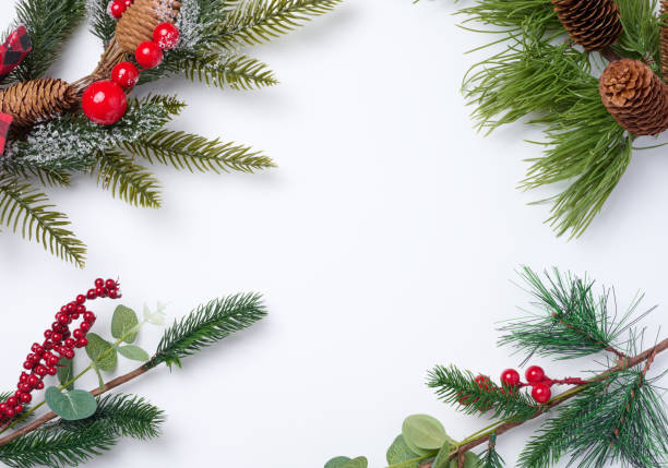 istock Christmas fir branches with decor on a white background, top view 1799008639