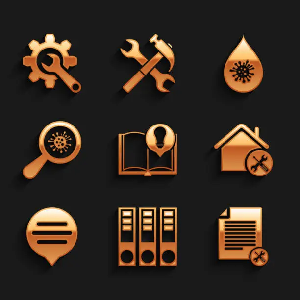 Vector illustration of Set Interesting facts, Office folders, File document service, House, Speech bubble chat, Microorganisms under magnifier, Dirty water drop and Wrench and gear icon. Vector