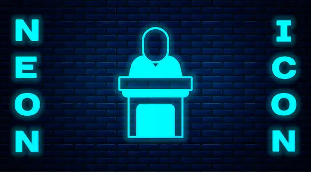 Vector illustration of Glowing neon Church pastor preaching icon isolated on brick wall background. Vector