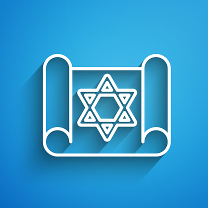 White line Torah scroll icon isolated on blue background. Jewish Torah in expanded form. Star of David symbol. Old parchment scroll. Long shadow. Vector