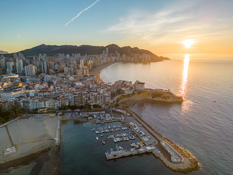 This aerial drone photo shows the old town centre of Benidorm. Benidorm is located at the Costa Blanca in the province of Alicante, Spain