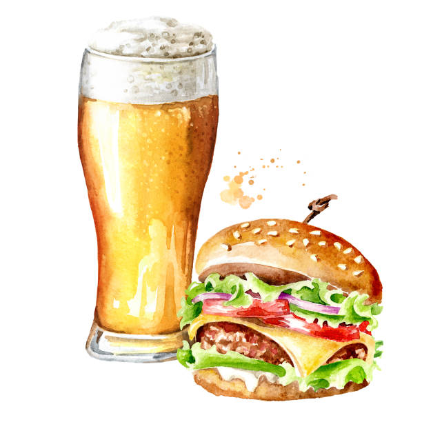 glas bier und leckerer großer burger, handgezeichnete aquarellillustration isoliert auf weißem hintergrund - beer nuts food isolated white stock-grafiken, -clipart, -cartoons und -symbole