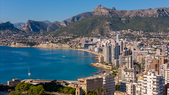 This aerial drone photo shows the coastal town of Calpe. Calpe is located at the Costa Blanca in Spain.