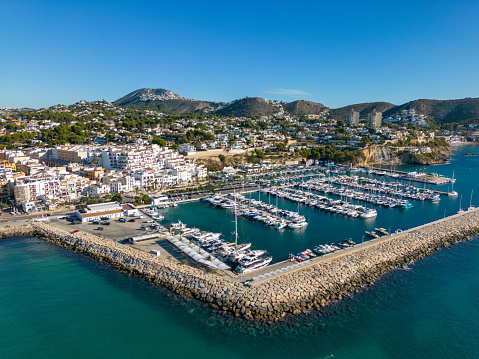 This aerial drone photo shows the coastal town of Moraira. Moraira is located at the Costa Blanca in Spain.