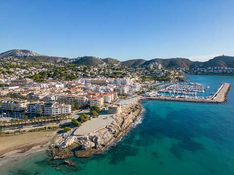 This aerial drone photo shows the coastal town of Moraira. Moraira is located at the Costa Blanca in Spain.