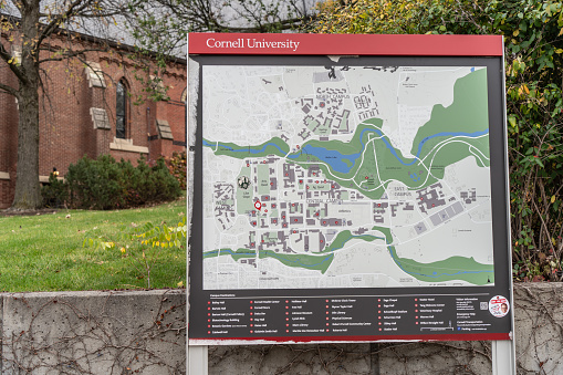 Ithaca, New York - November 6, 2023: Cornell University Map Located outside the Sage Hall and the Campus Store.
