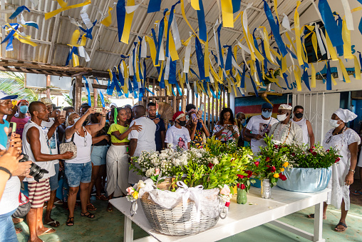 Salvador, Bahia, Brazil - January 30, 2022: Internal view of the Rio Vermelho fishing colony with gifts for Iemanja in the city of Salvador, Bahia.