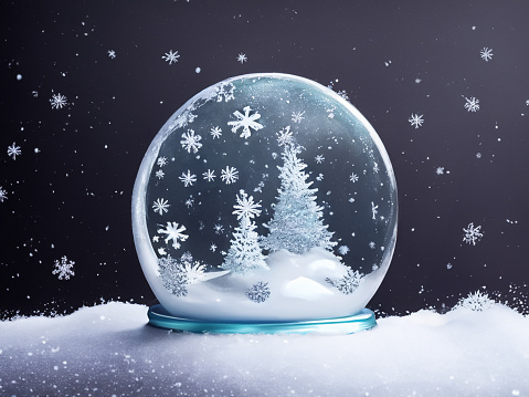 A snow globe with icy pine trees sits on faux snow with snowflakes all around.