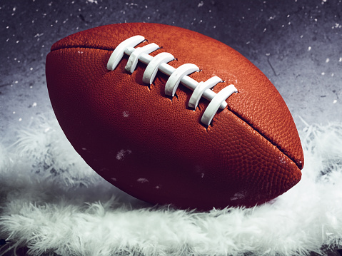 An American football sits on a soft, feathered surface on a snowy, festive background.