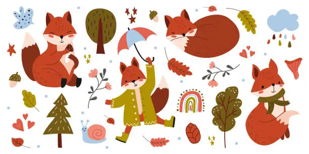 Vector illustration of Vector set with cute foxes.