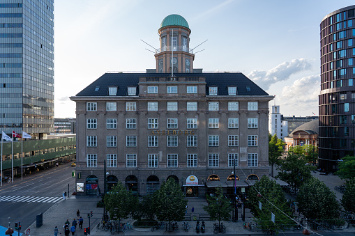 Copenhagen, Denmark - July 14, 2023: Exterior view of the Axelborg Building, which is used for conferences, events and parties.