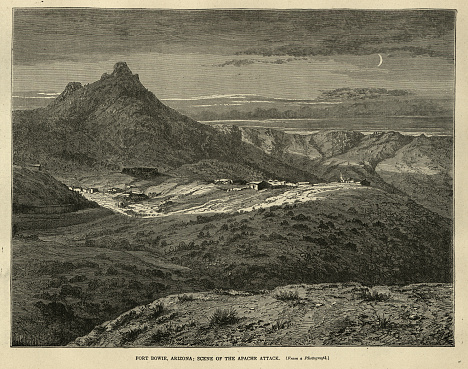 Vintage illustration Fort Bowie, Arizona, scene of the Apache attack, American Wild West History 19th Century. Ten days' journey in Southern Arizona, William A Bell. Fort Bowie was a 19th-century outpost of the United States Army located in southeastern Arizona near the present day town of Willcox, Arizona.