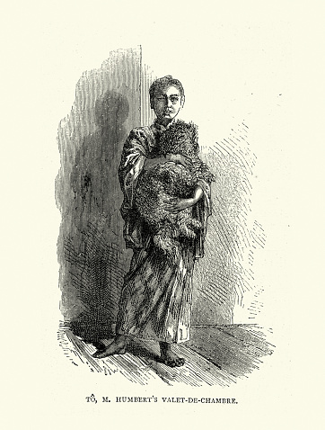 Vintage illustration Japanese servant boy holding dog, Valet-de-chambre, Japan History 19th Century. A European sojourn in Japan, Aime Humbert Swiss minister in Japan