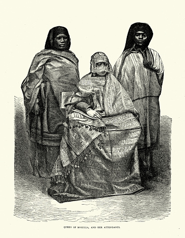 Vintage illustration Queen Mohilla and her attendants, Madagascar, History 19th Century.  A bird's-eye View of Madagascar by M D Charnay