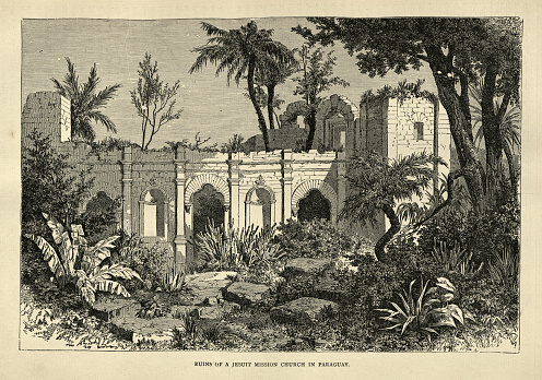 Vintage illustration Ruins of a Jesuit misson chuch in Paraguay, History 19th Century. A visit to Paraguay during the war, Thomas J Hutchinson