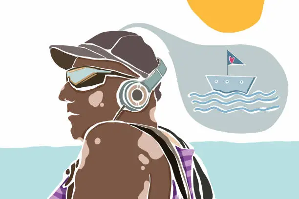 Vector illustration of Retiree man chilling by the sea