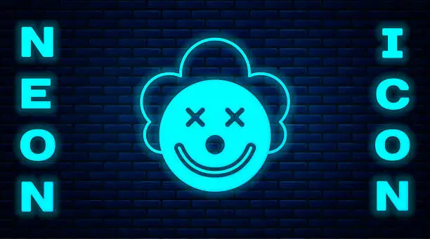 Vector illustration of Glowing neon Clown head icon isolated on brick wall background. Vector