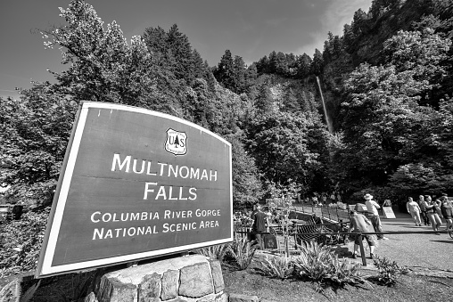 Tourists visit Multnomah Falls, Columbia RIver Gorge