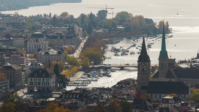 sunny day zurich city center famous lakeside bay traffic bridge aerial panorama timelapse 4k switzerland