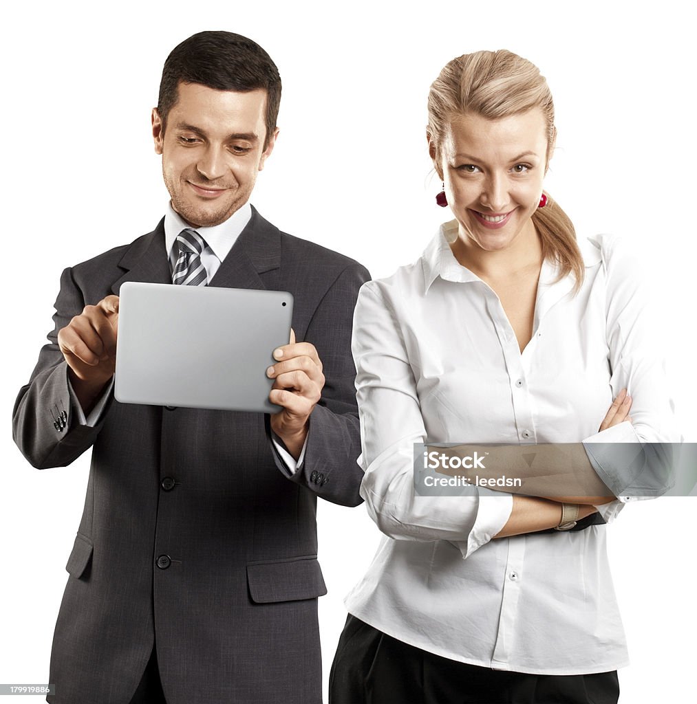 Business Woman and Man Business team, woman with folded hands and man with touh pad Women Stock Photo